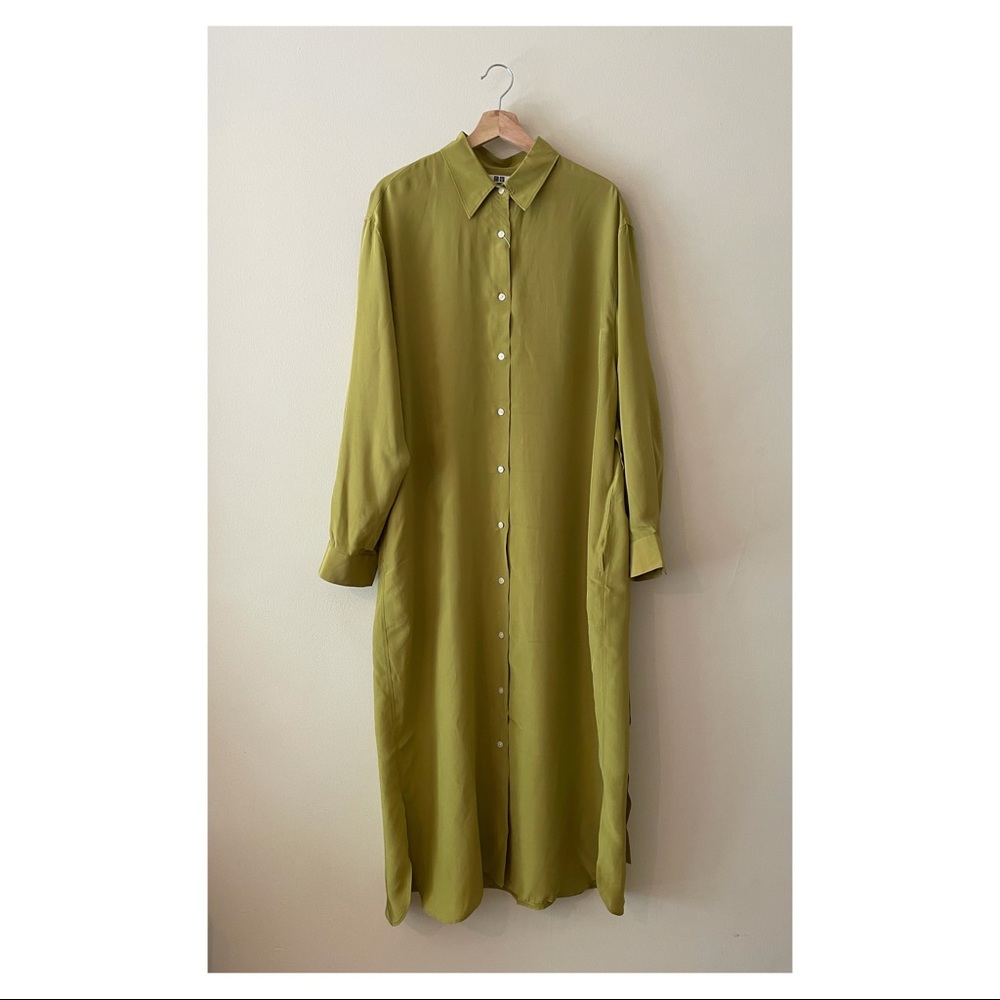 UNIQLO GREEN SILKY SHIRT DRESS - L
